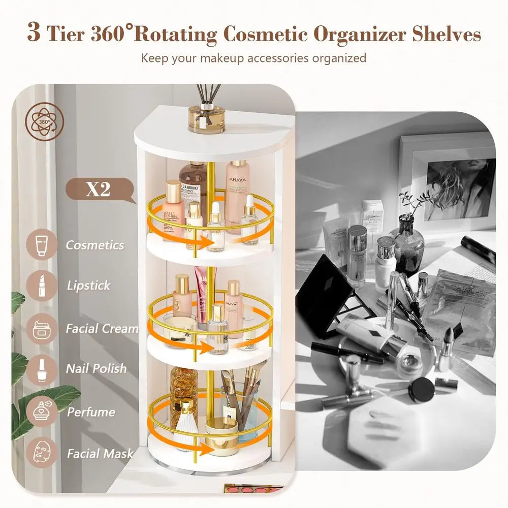 Makeup Vanity Desk With LED Mirror 360 Rotating Organizer And Charging Station