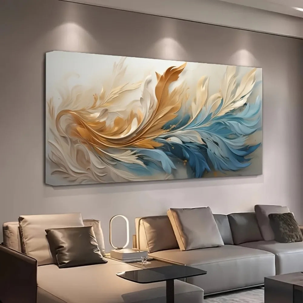 Modern Abstract Gold Feather Canvas ArModern Abstract Gold Feather Canvas At With Pine Wood Frame