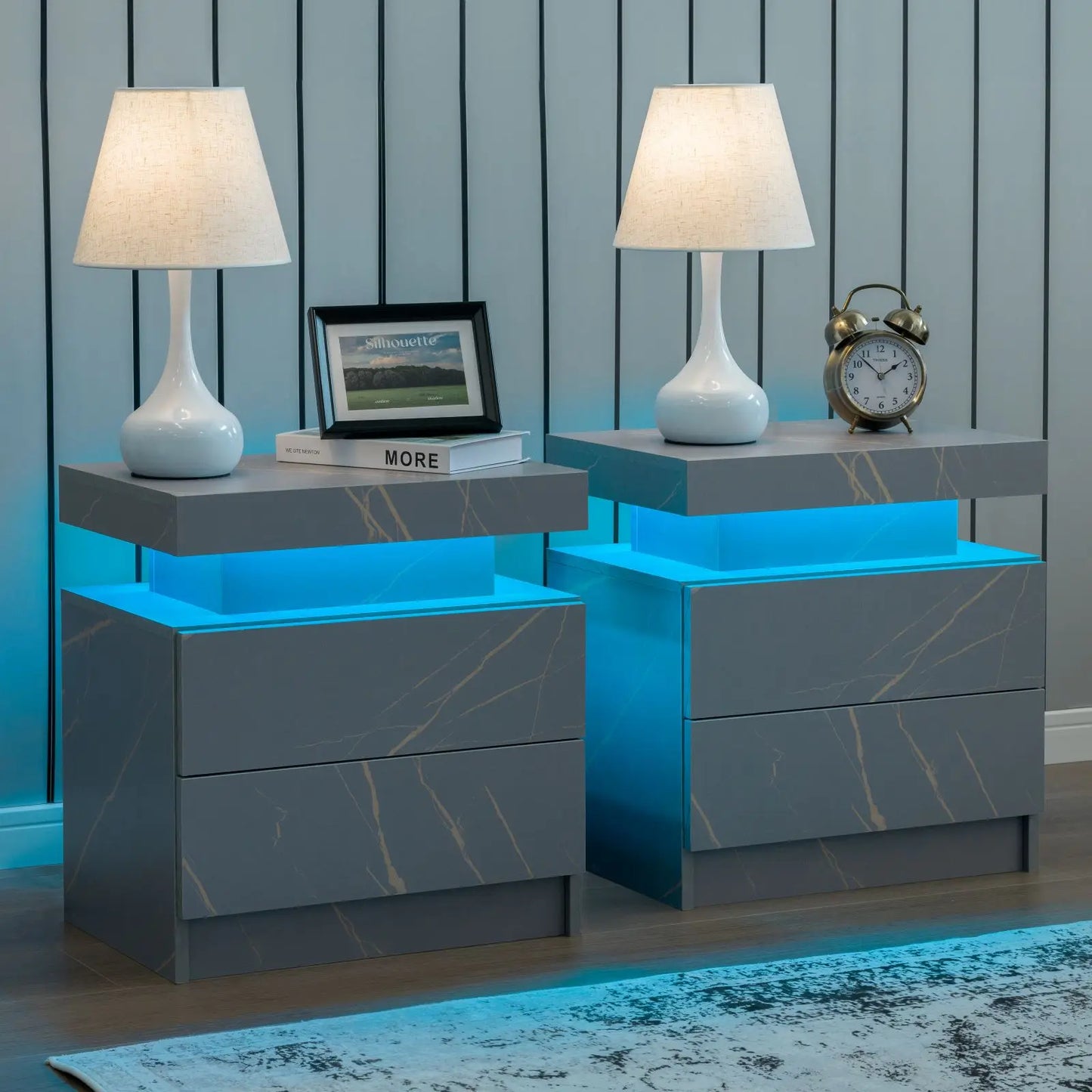 Cubehom Nightstand Set Of 2 With LED Drawers Bedside Table