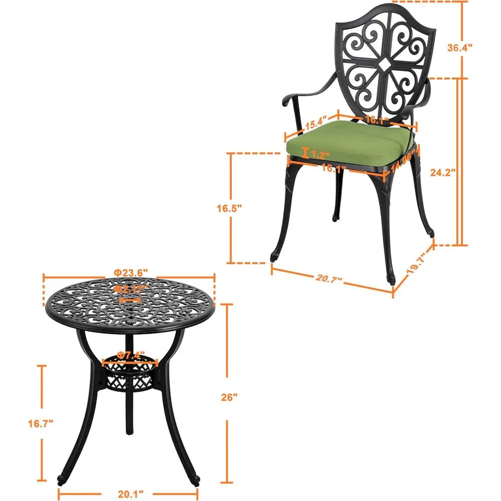 Outdoor 3-Piece Cast Aluminum Bistro Set With Cushions