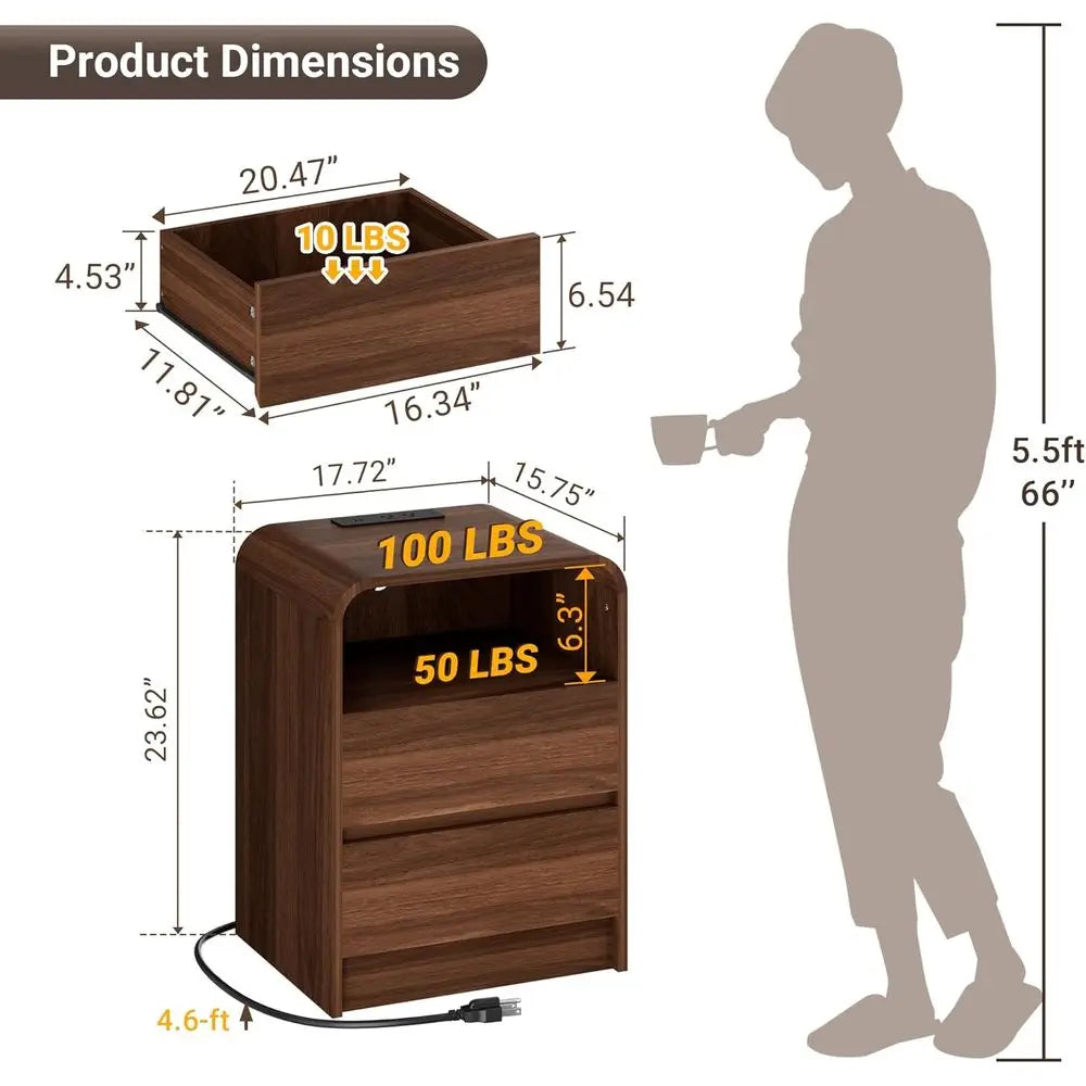 Nightstand With Charging Station And LED Light Two Drawers