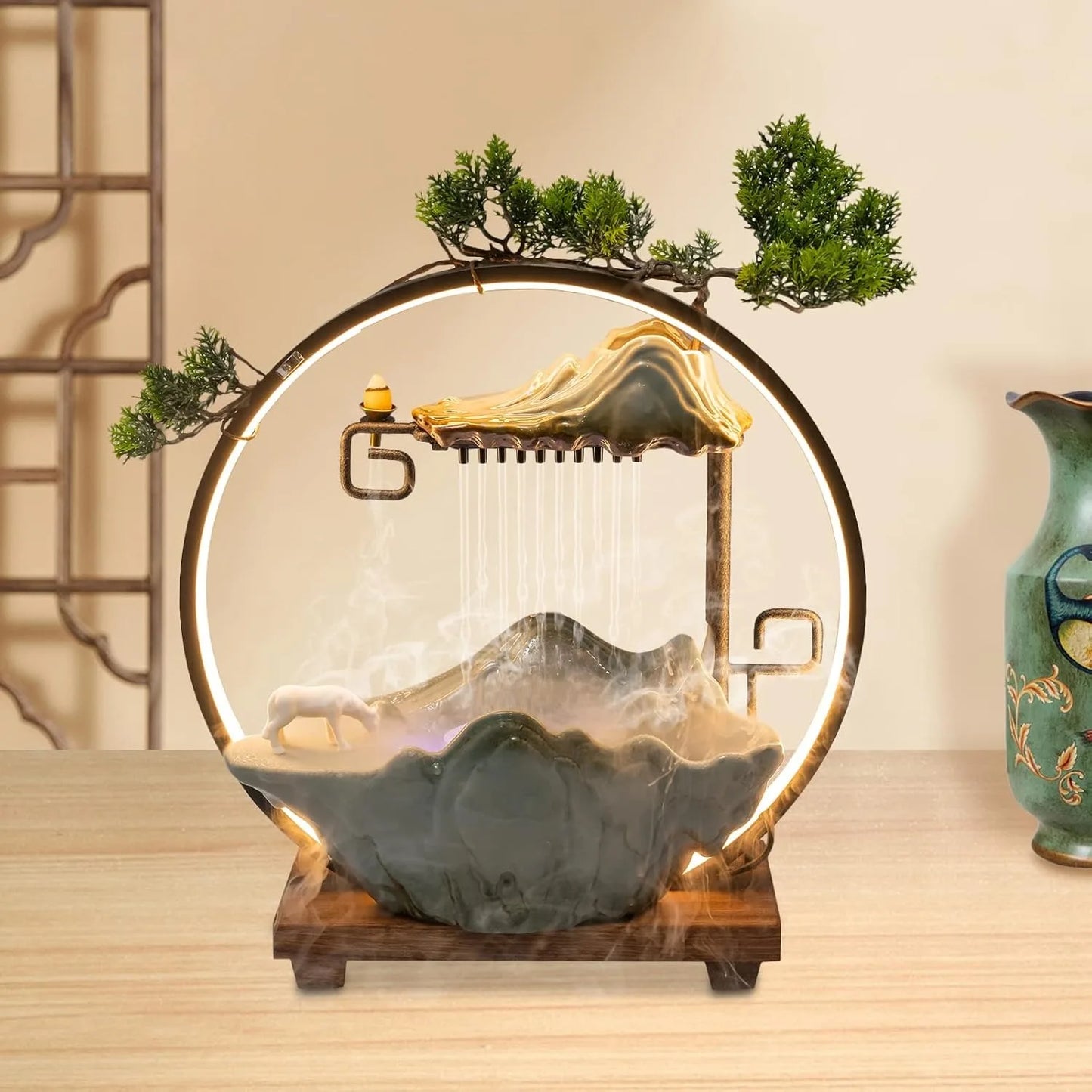 Bymaocar Tabletop Water Fountain Indoor Waterfall With Mist And LED