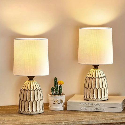 Set of 2 Farmhouse Ceramic Lamps Hand Painted Boho Style
