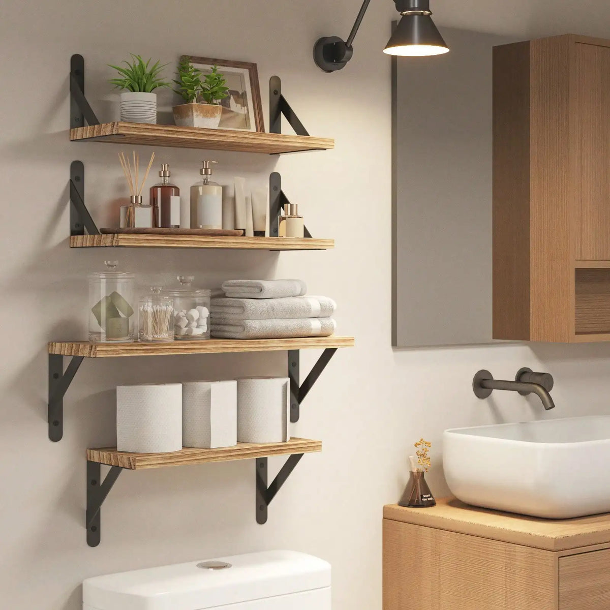 Rustic Farmhouse Floating Wall Shelves With Black Metal Brackets