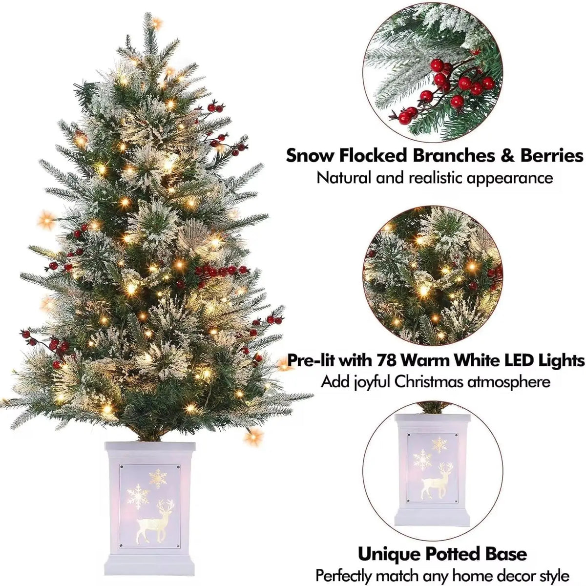 ANIXOL Pre Lit Snow Flocked Artificial Christmas Tree With Elk Base