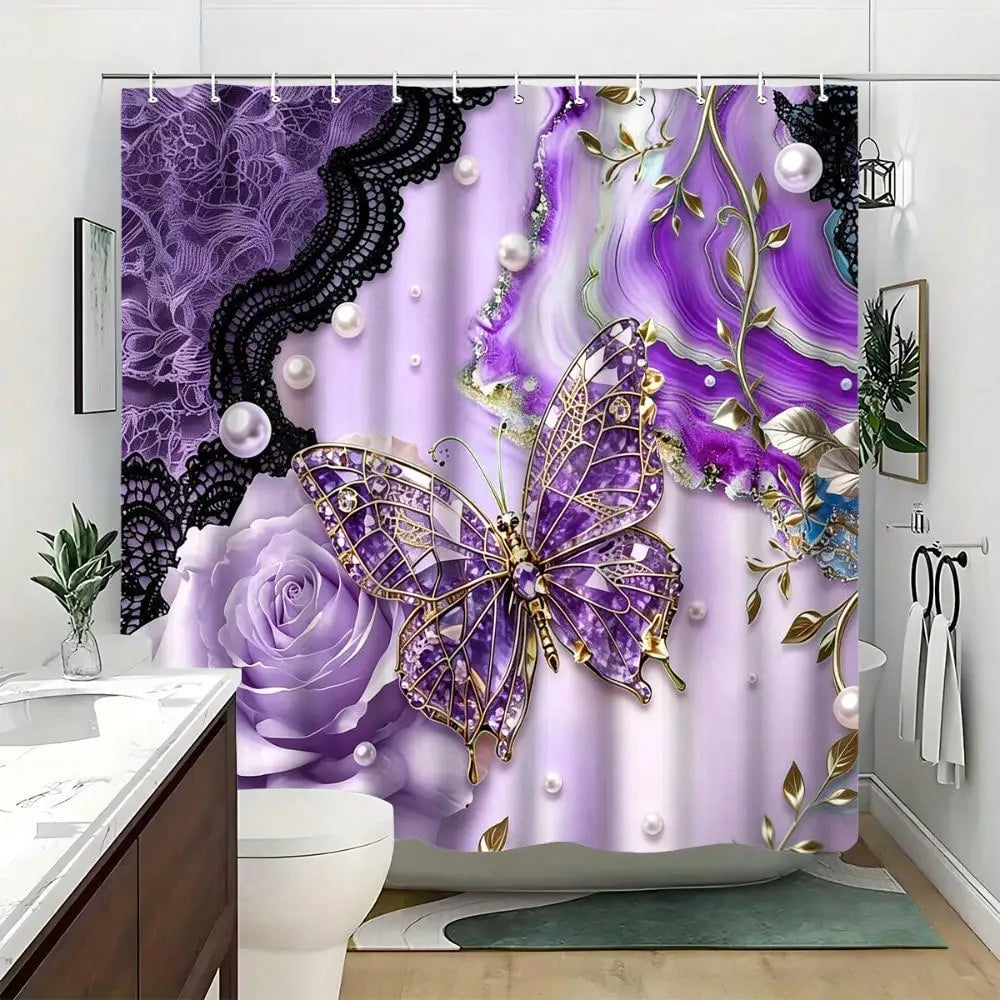 Marble Butterfly Shower Curtain Set With Anti Slip Lid