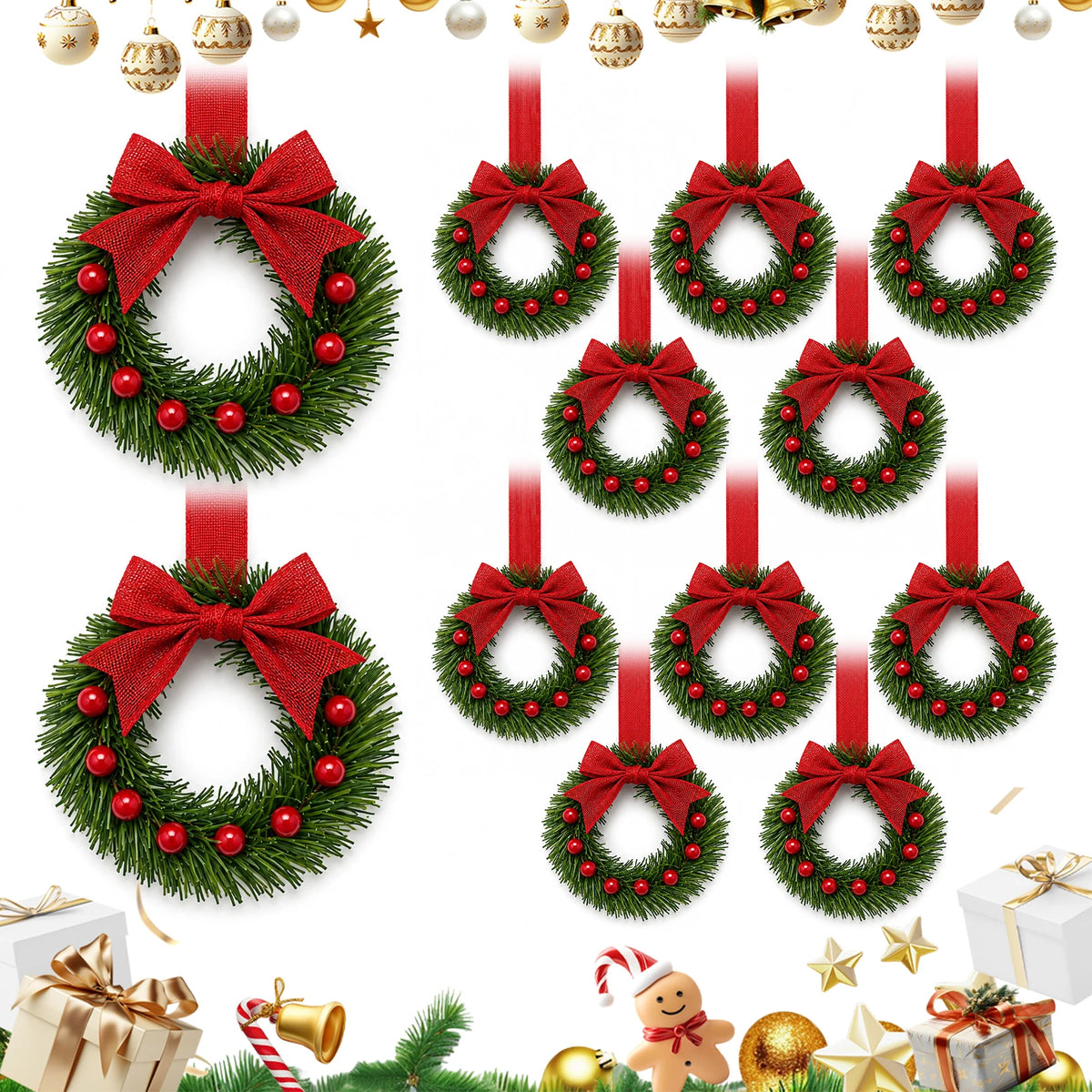 HiMISS Mini Christmas Wreaths With Bows For Cabinet Holiday Decor