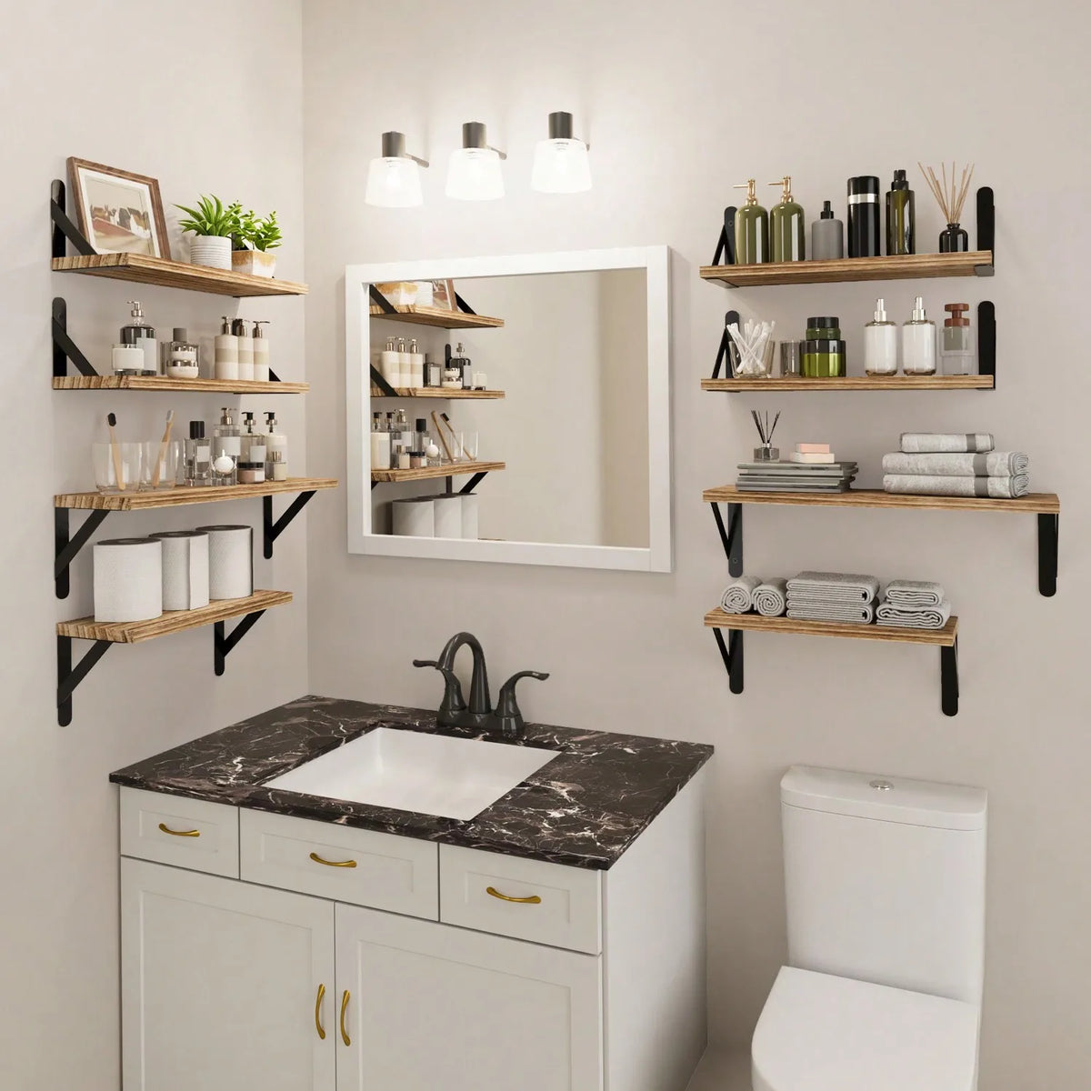 Rustic Farmhouse Floating Wall Shelves With Black Metal Brackets