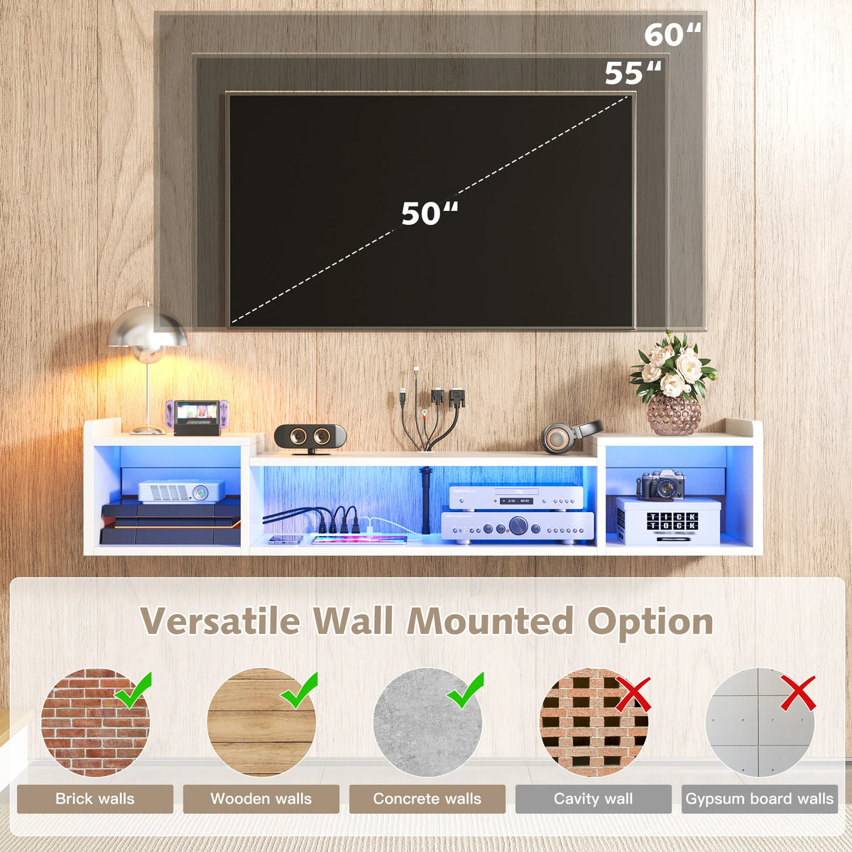 EnHomee Floating TV Stand With LED Lights And Wall Mount