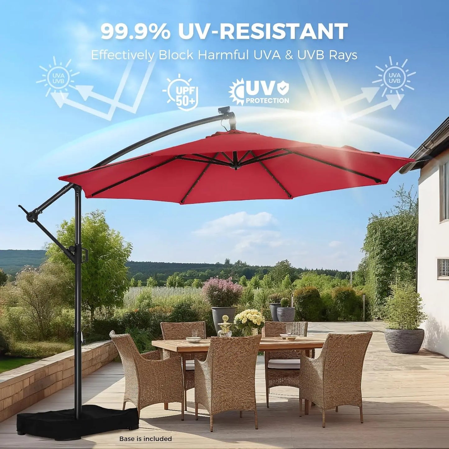 Solar Powered Offset Cantilever Umbrella With LED Lights And Base