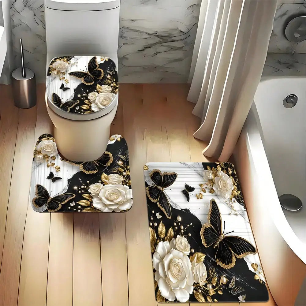 Polyester Four Piece Toilet Set With U Shaped Seat Cover