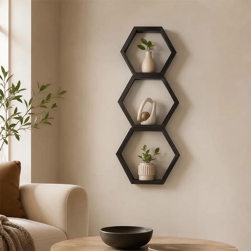 Set Of 3 Hexagonal Floating Wooden Wall Shelves