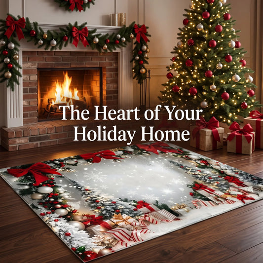 Christmas Wreaths Velvet Rug With Bows And Snowflakes Holiday Decor