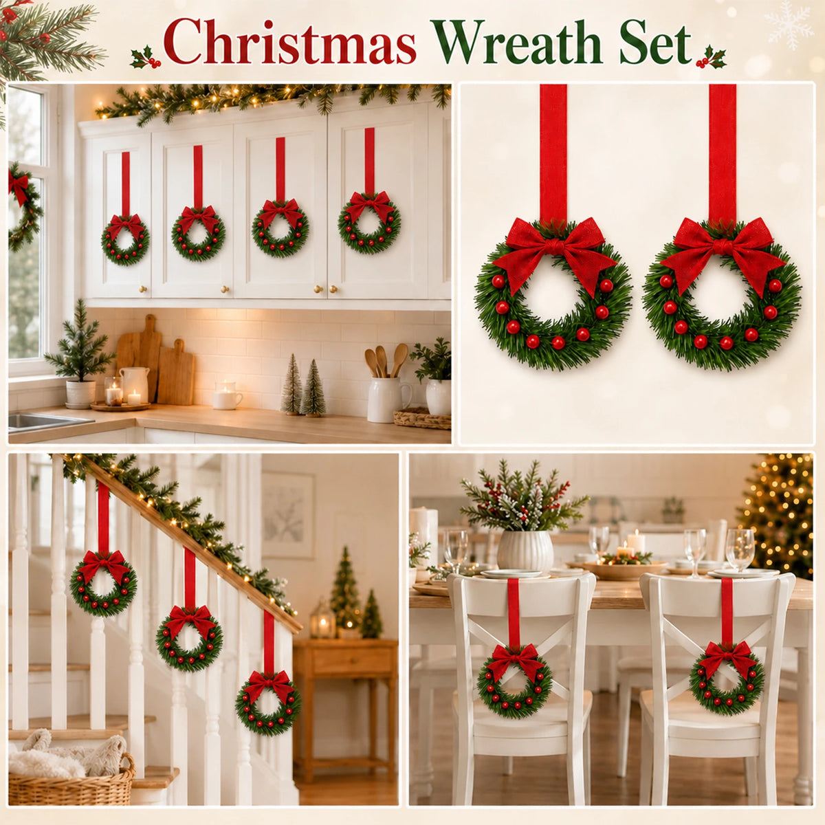 HiMISS Mini Christmas Wreaths With Bows For Cabinet Holiday Decor