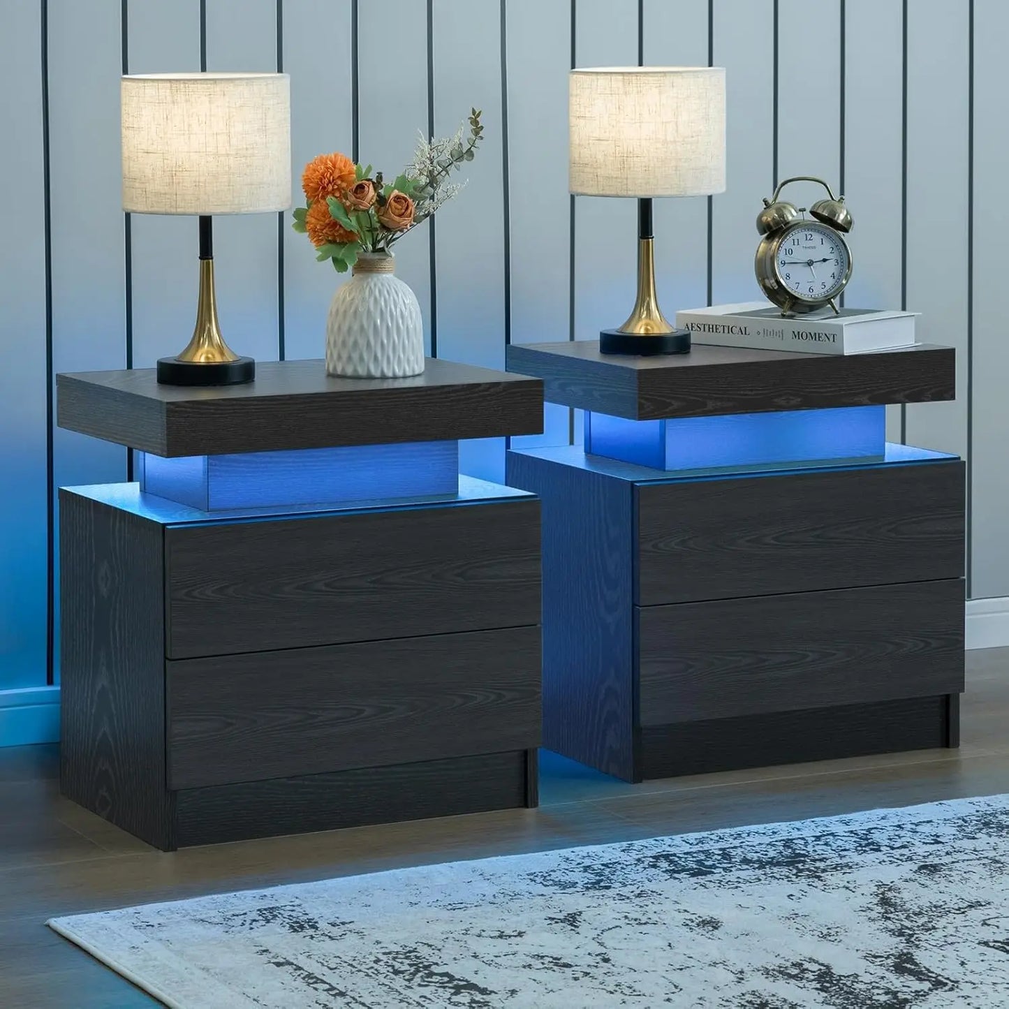 Cubehom Nightstand Set Of 2 With LED Drawers Bedside Table