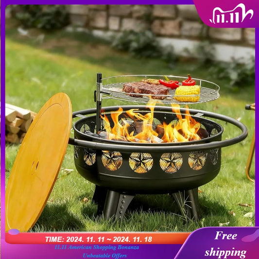 3-in-1 Wood Burning Fire Pit With Swivel Grill Outdoor