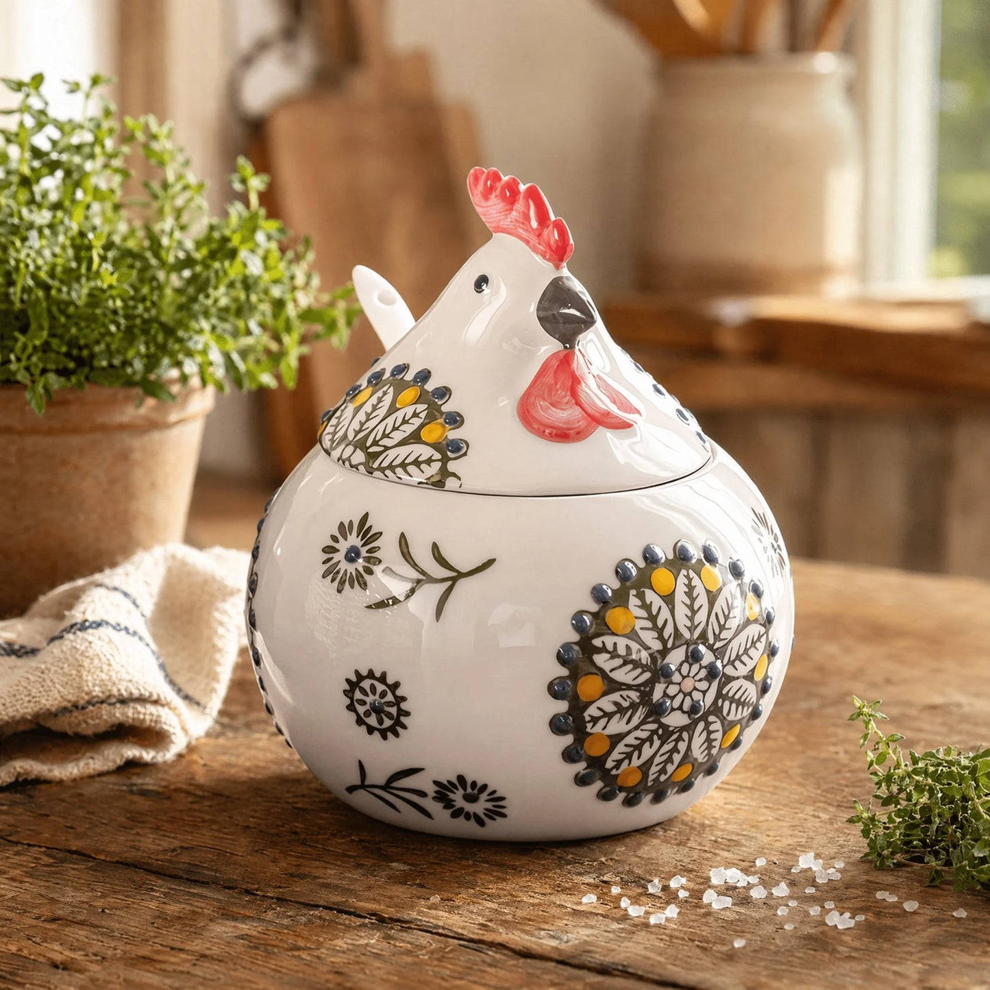 Ceramic Salt Cellar With Lid And Spoon Farmhouse Chicken Design