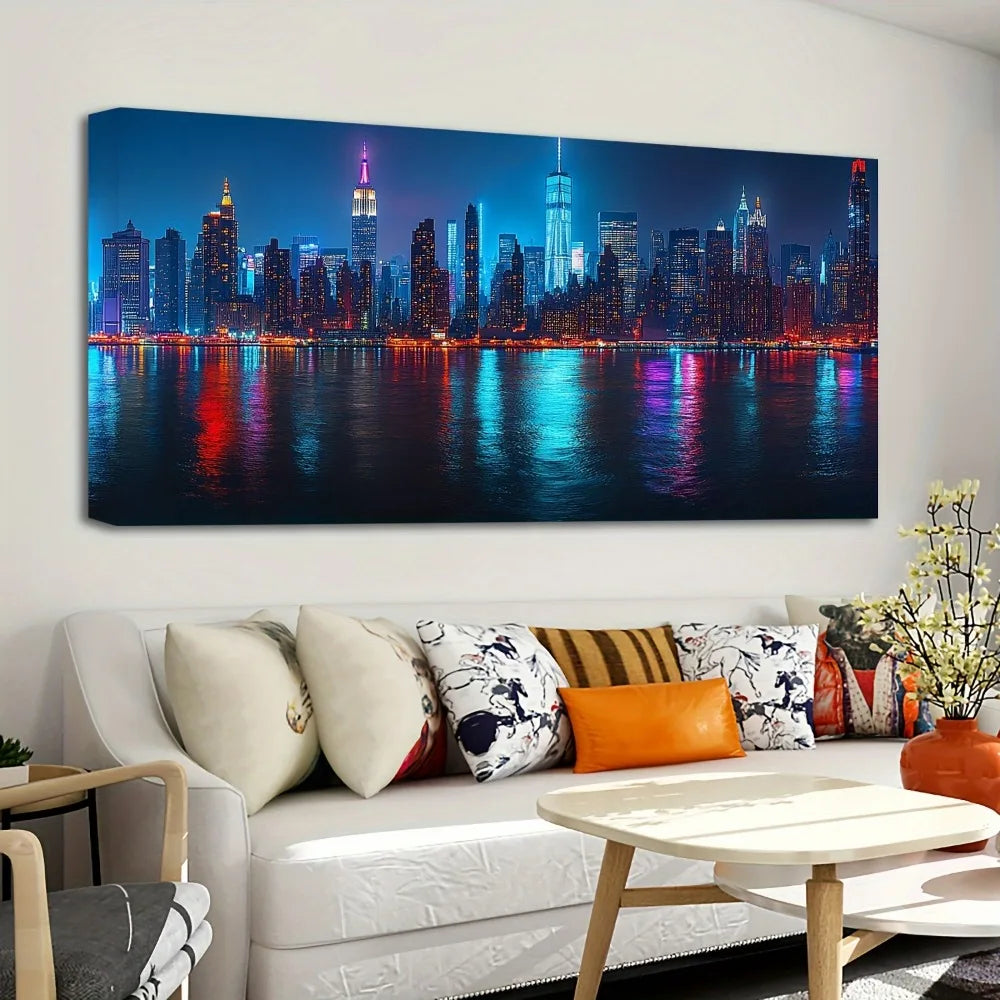 New York City Skyline Canvas Wall Art With Pine Frame