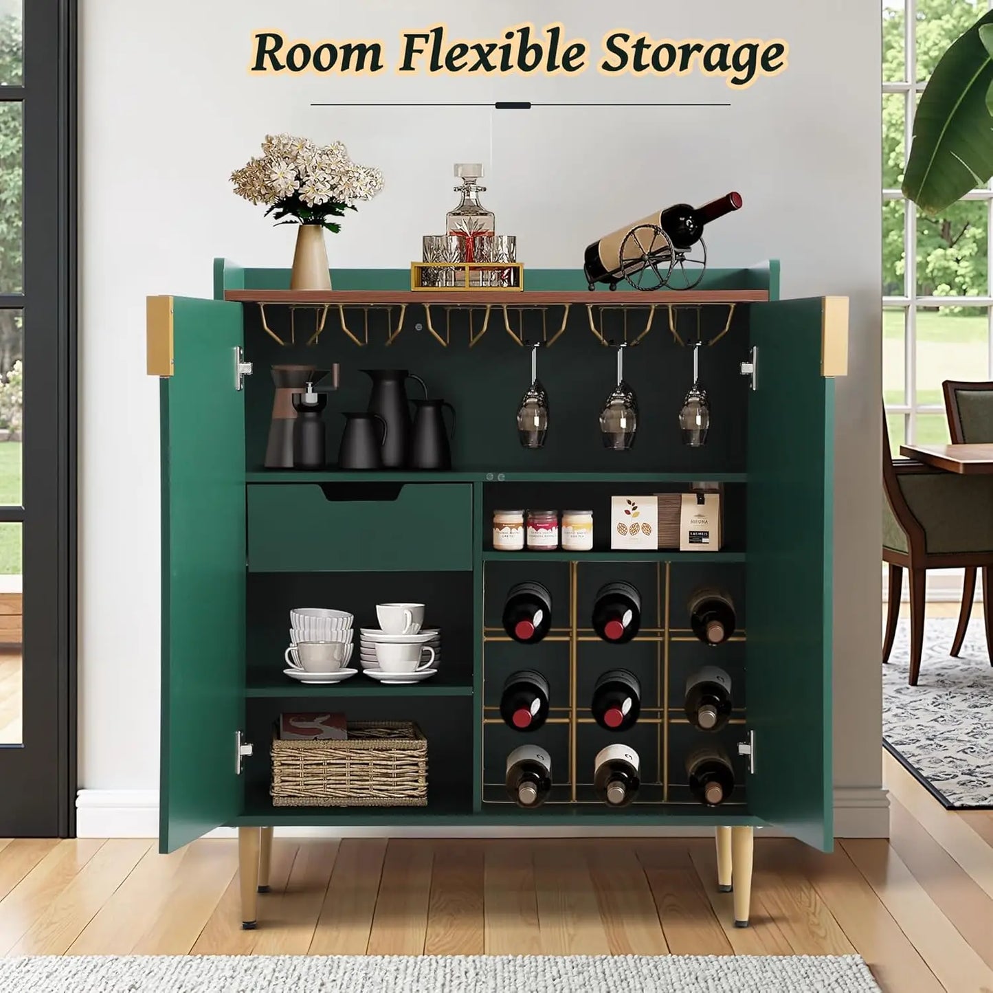 Wood Bar Cabinet With Wine Rack And Fluted Glass Holders