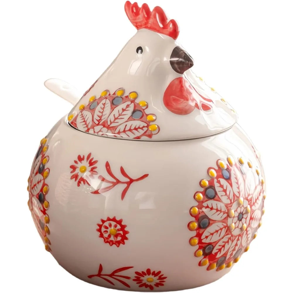 Ceramic Salt Cellar With Lid And Spoon Farmhouse Chicken Design