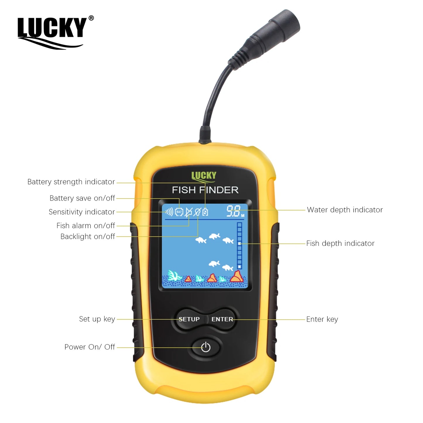 LuckyLaker Portable Sonar Fish Finder Alarm 100m Coverage 45 Degree