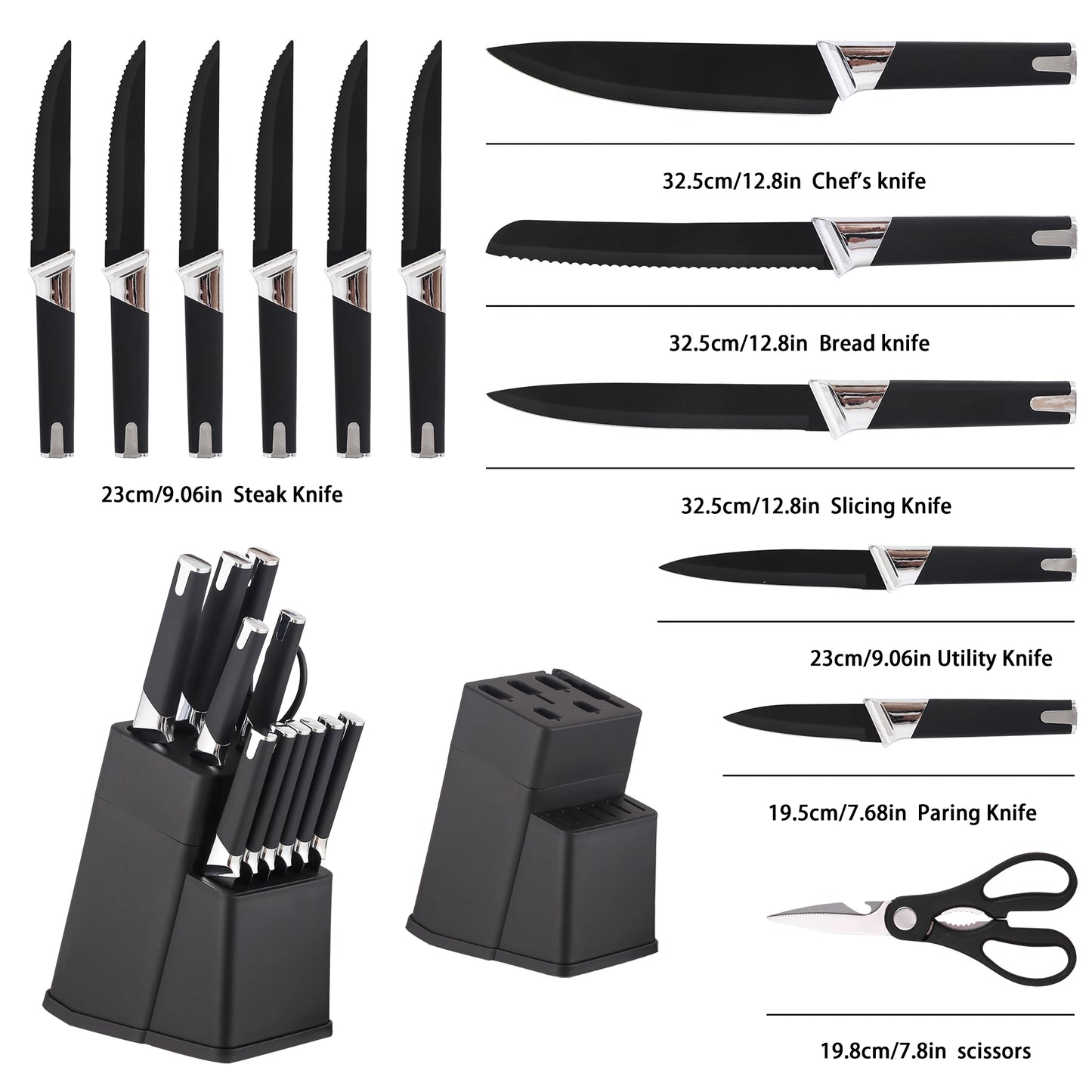 Professional Kitchen Knife Block Set With 6 Steak Knives Nonstick
