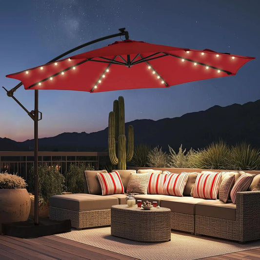 Solar Powered Offset Cantilever Patio Umbrella With LED Light Base