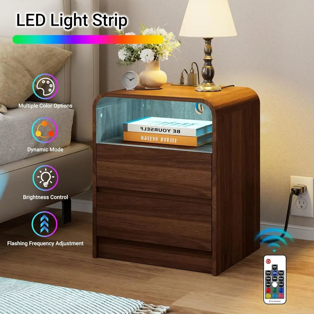 Nightstand With Charging Station And LED Light Two Drawers