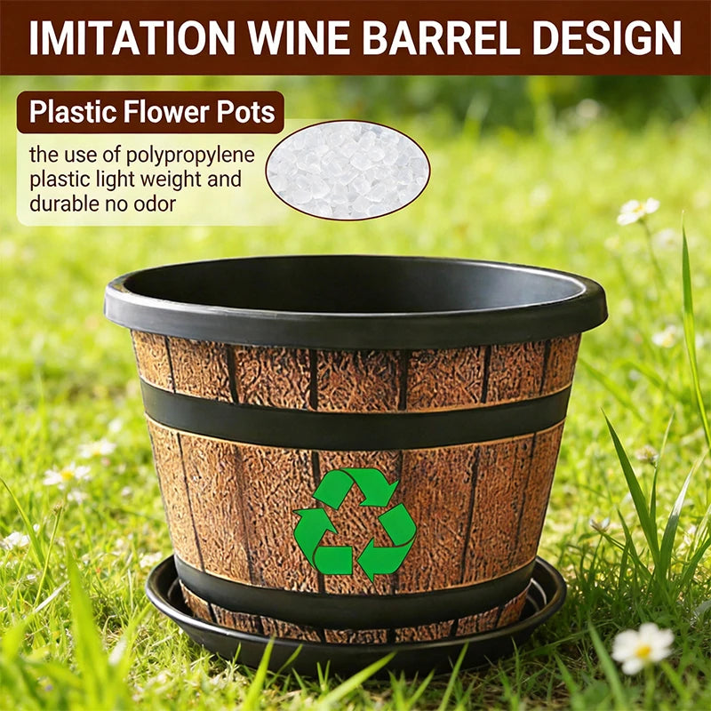 Resin Imitation Wooden Barrel Planter Indoor Outdoor Flower Pot