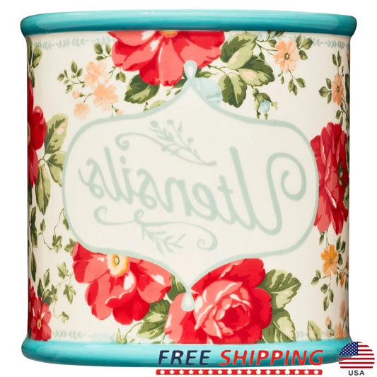 Vintage Floral Utensil Holder Stoneware Kitchen Organizer