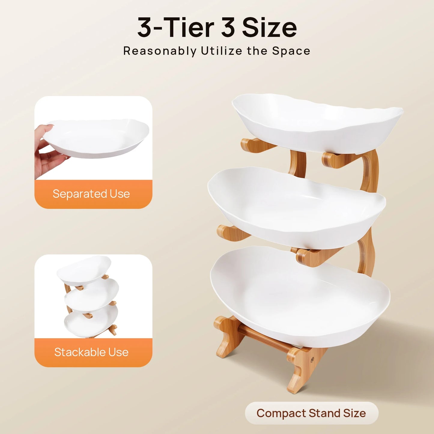 Three Tier Fruit Plate Stand With Bamboo Wood Base Dessert Tray