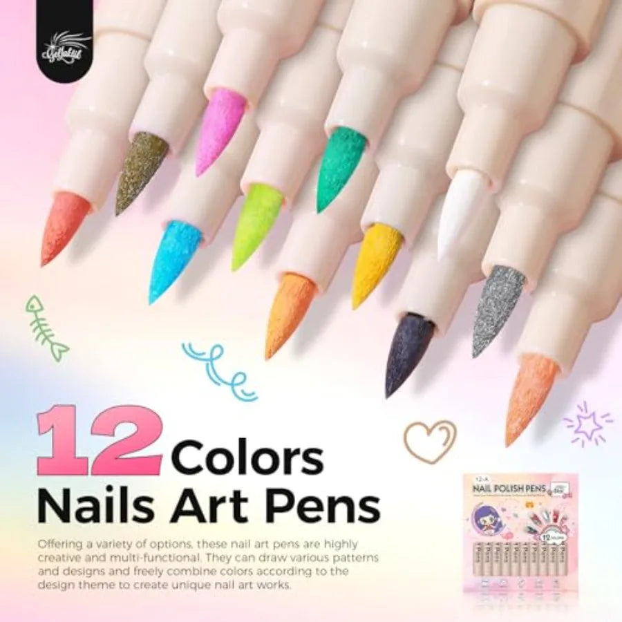 12 Colors Nail Art Pens Set 0.7mm Quick Drying Acrylic Markers For DIY