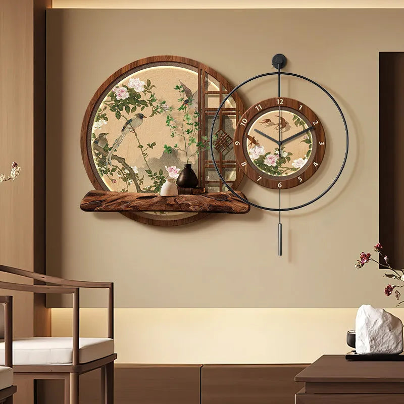Chinese Flower and Bird Wall Clock Murals for Dining Room