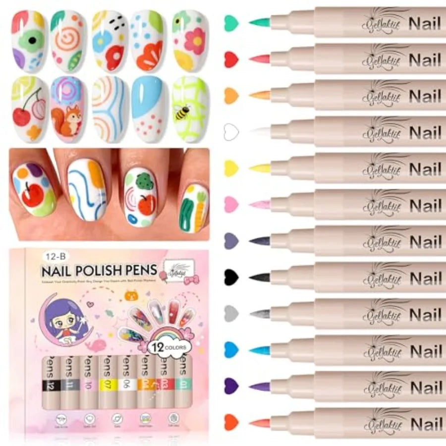 12 Colors Nail Art Pens Set 0.7mm Quick Drying Acrylic Markers For DIY
