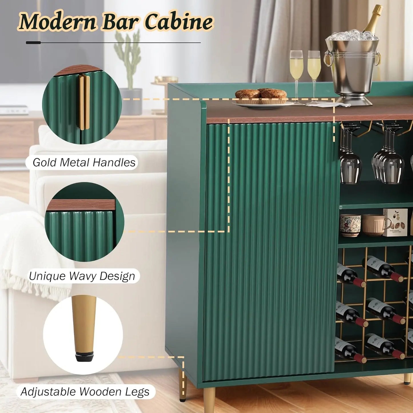 Wood Bar Cabinet With Wine Rack And Fluted Glass Holders