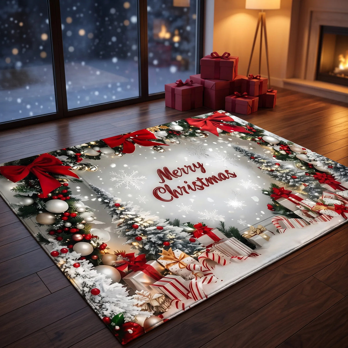 Christmas Wreaths Velvet Rug With Bows And Snowflakes Holiday Decor