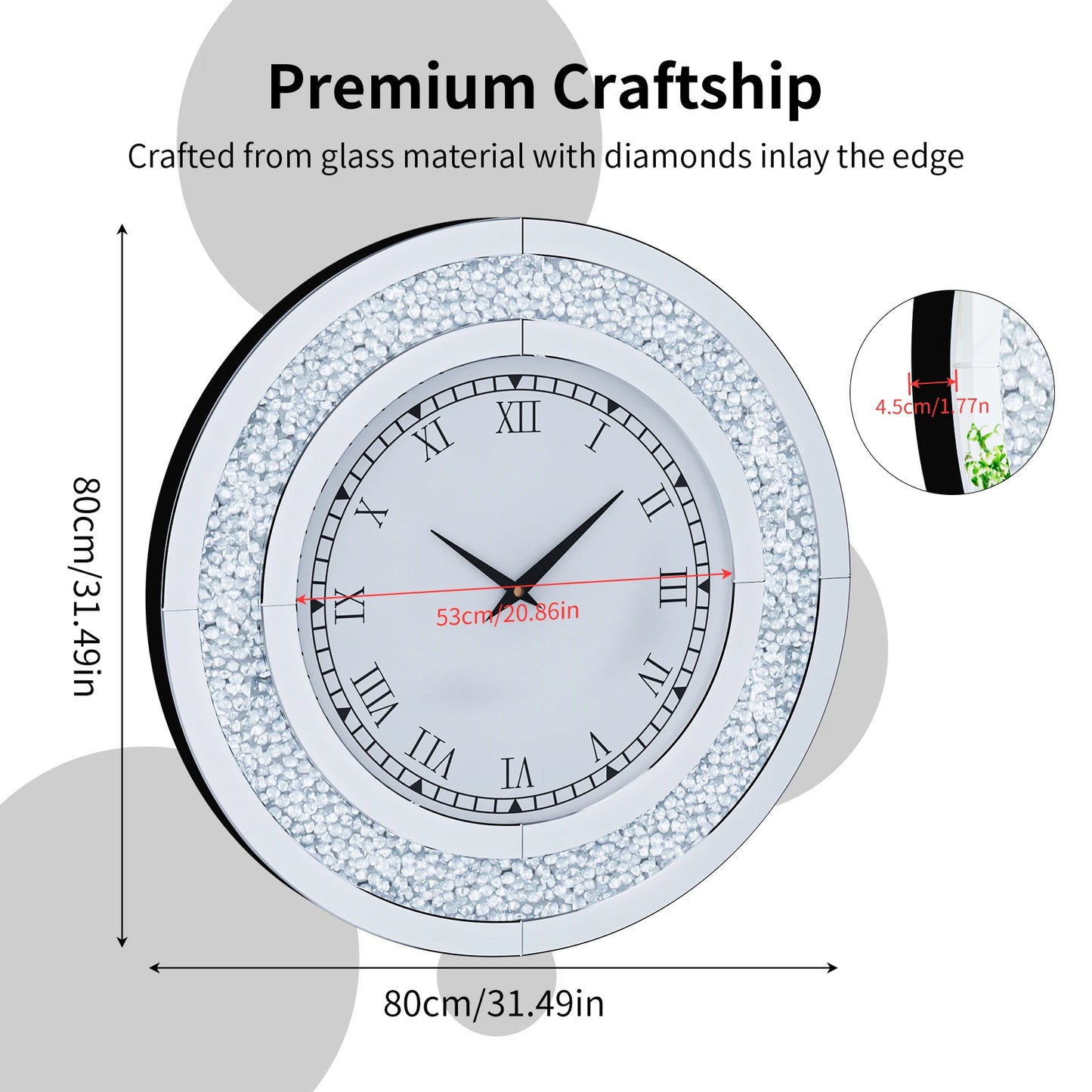 Round Mirror Clock With Crystal Sparkle Mirrored Wall Decor
