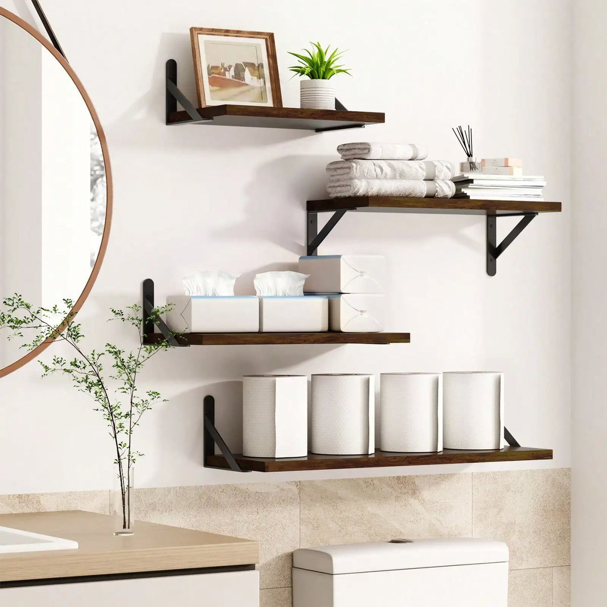 Rustic Farmhouse Floating Wall Shelves With Black Metal Brackets
