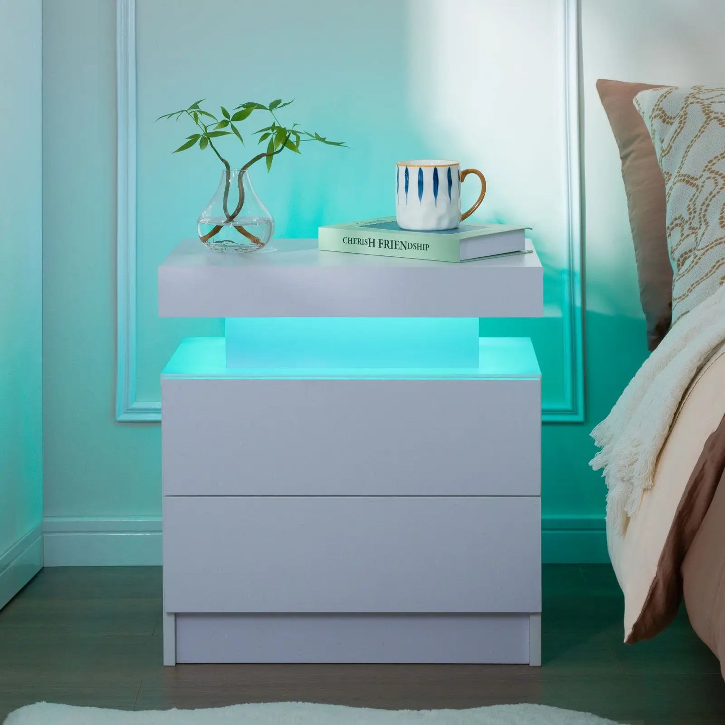 Cubehom Nightstand Set Of 2 With LED Drawers Bedside Table