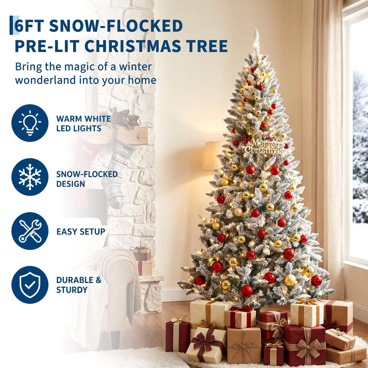 HiMISS Pre Lit Flocked Christmas Tree With Lights and Stand