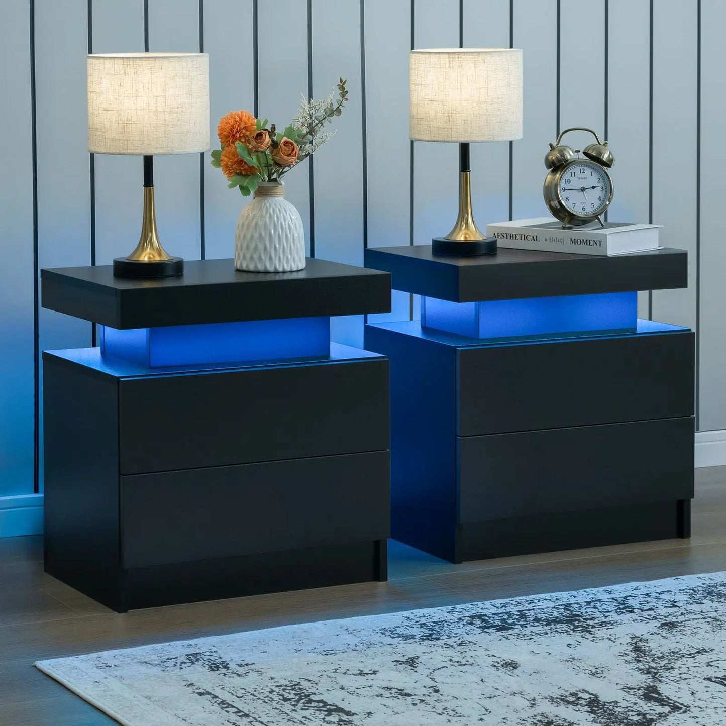 Cubehom Nightstand Set Of 2 With LED Drawers Bedside Table