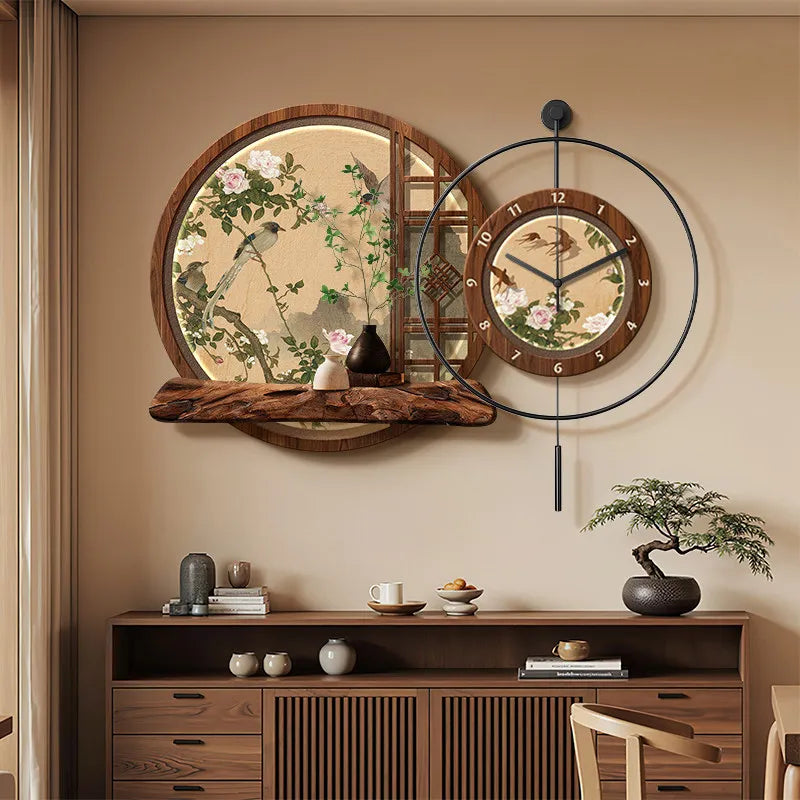 Chinese Flower and Bird Wall Clock Murals for Dining Room