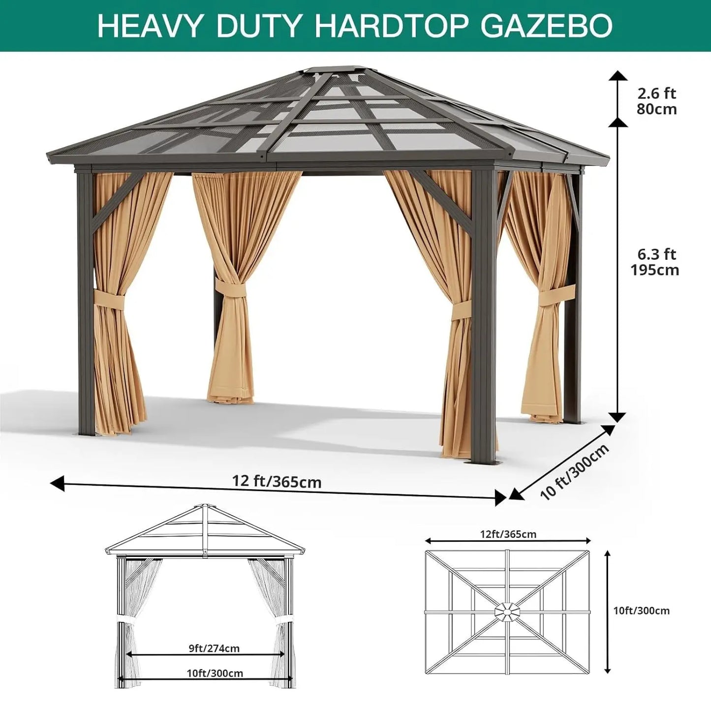 Hardtop Aluminum Gazebo With Mosquito Netting And Polycarbonate Panels