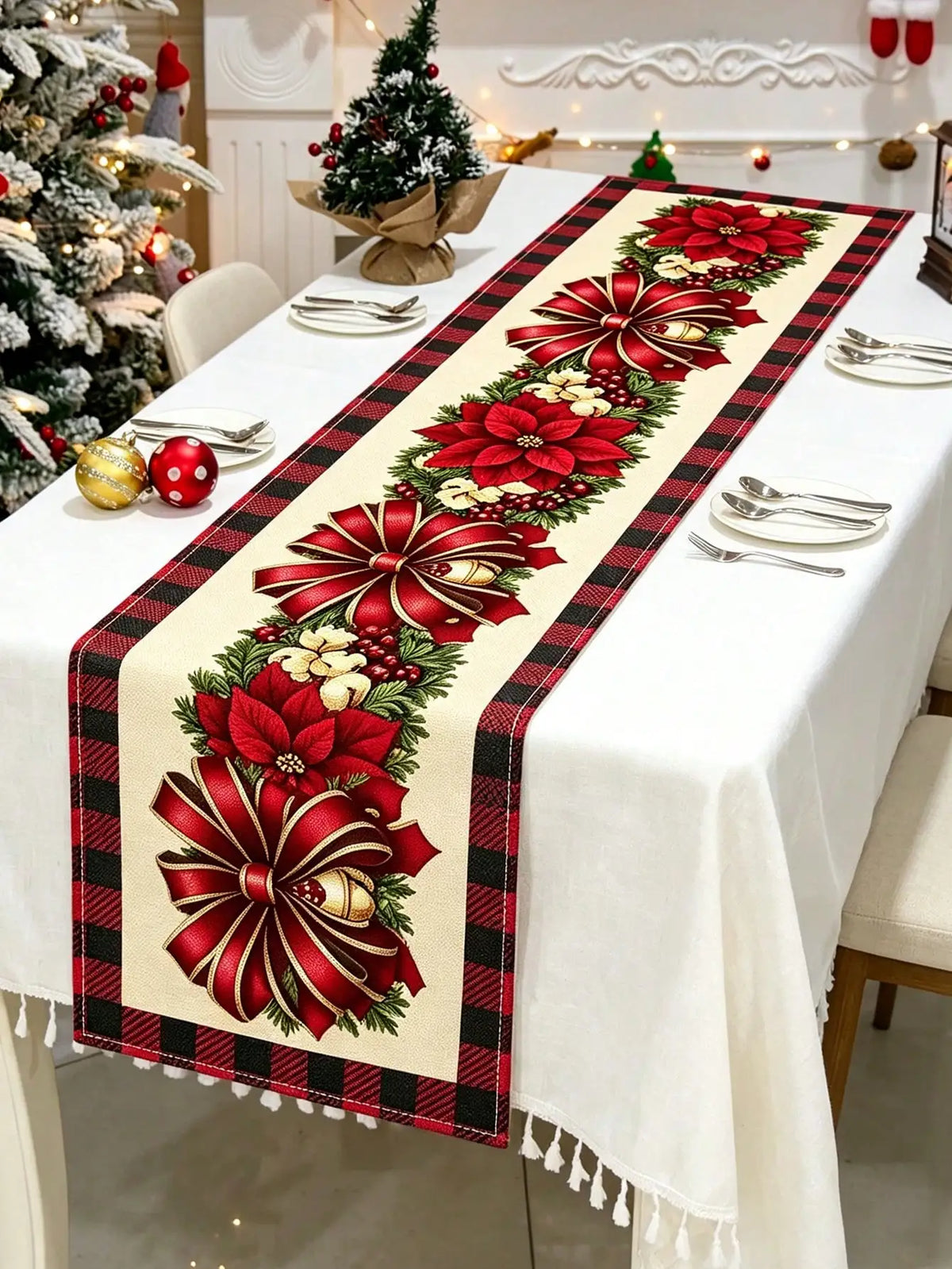 Christmas Floral Bow Table Runner Holiday Party Table Decoration