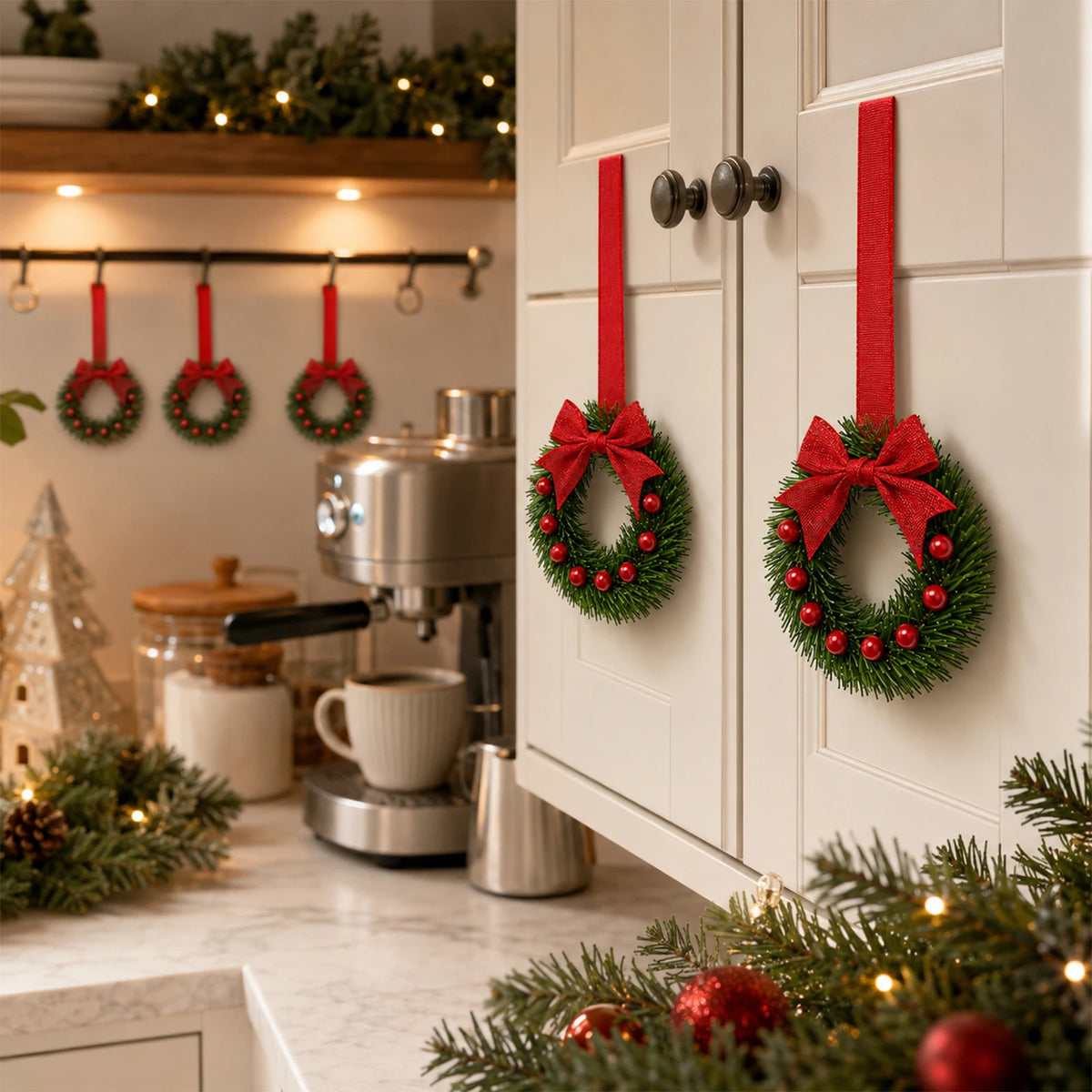 HiMISS Mini Christmas Wreaths With Bows For Cabinet Holiday Decor