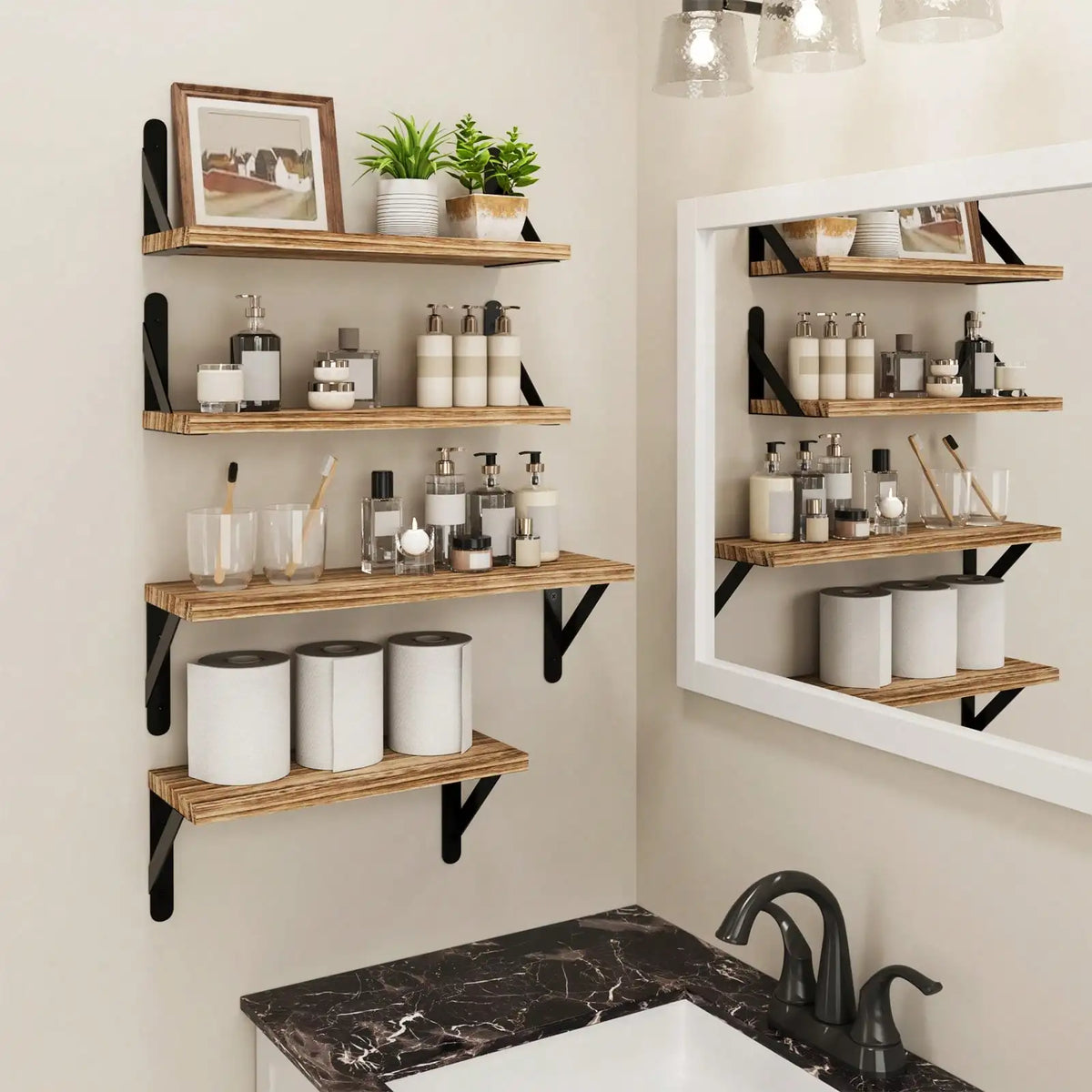 Rustic Farmhouse Floating Wall Shelves With Black Metal Brackets