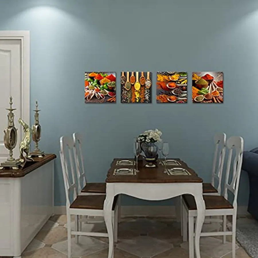 Abstract Kitchen Wall Art 4 Piece Spices And Spoons Framed Canvas Prints