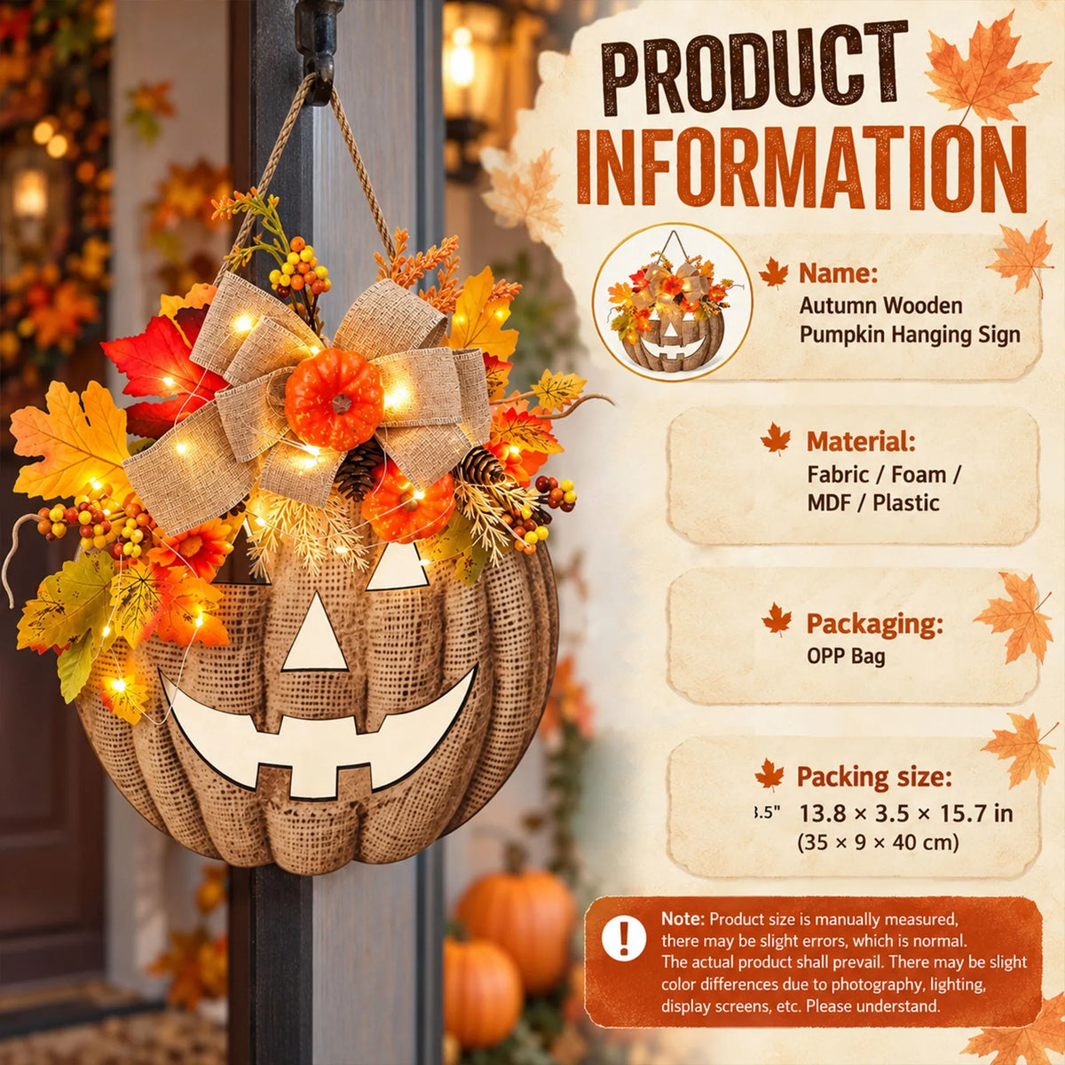 Lighted Burlap Pumpkin Wreath Halloween Door Hanging Decor