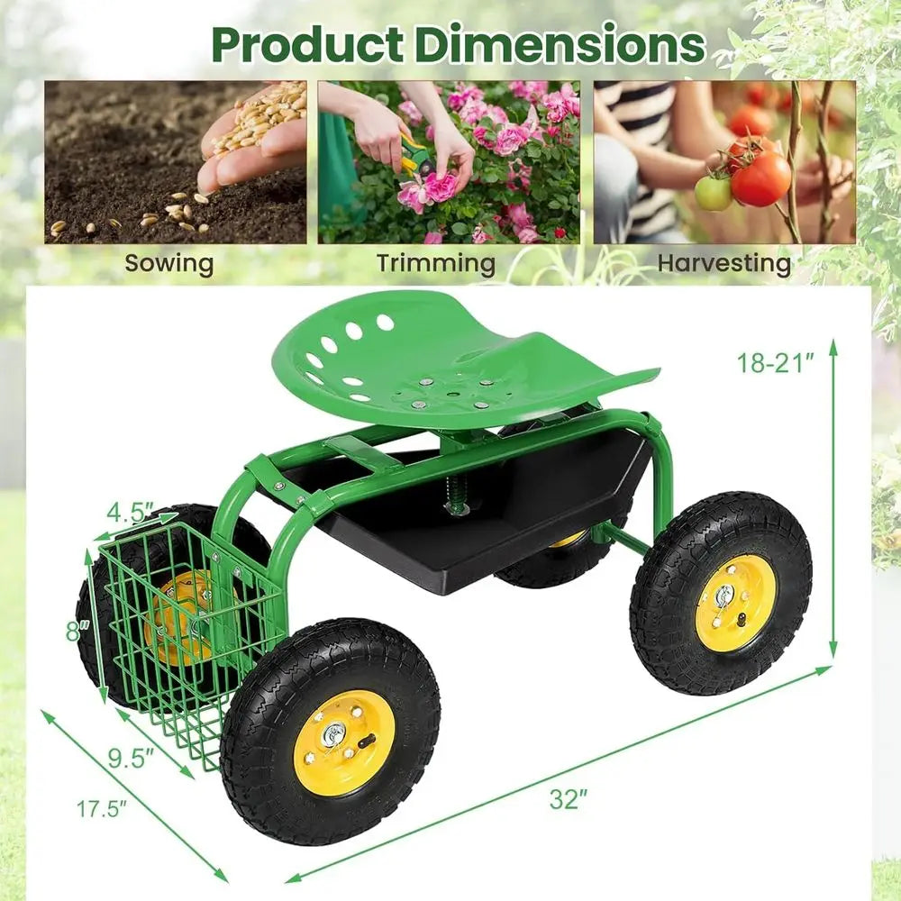 Adjustable Swivel Seat Rolling Garden Cart With Tool Tray And Basket Heavy Duty