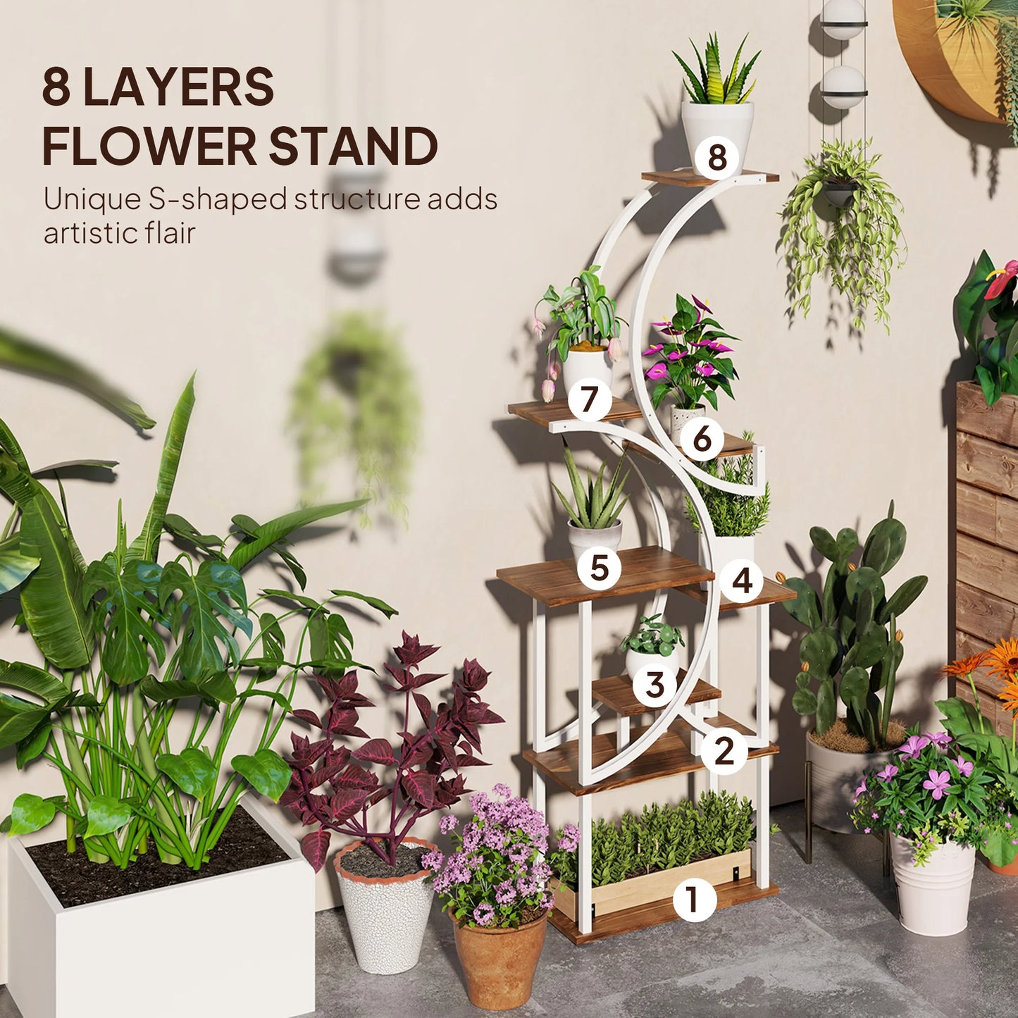 S-Shaped Eight-Tier Indoor Plant Stand Carbonized Finish